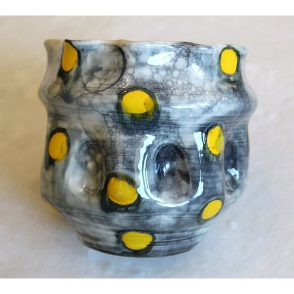 Polka dots Ceramic Black & Yellow Altered Vase Bubble Technique Organic Shape - Picture 10 of 11